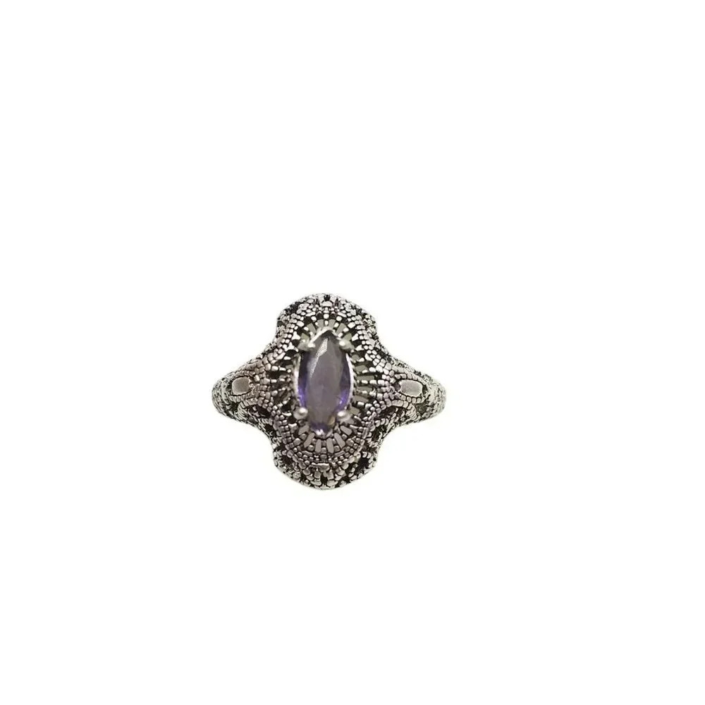 Purple Glass Rhinestone Stone Retro Cocktail Ring Size 9 Silver Tone Vintage